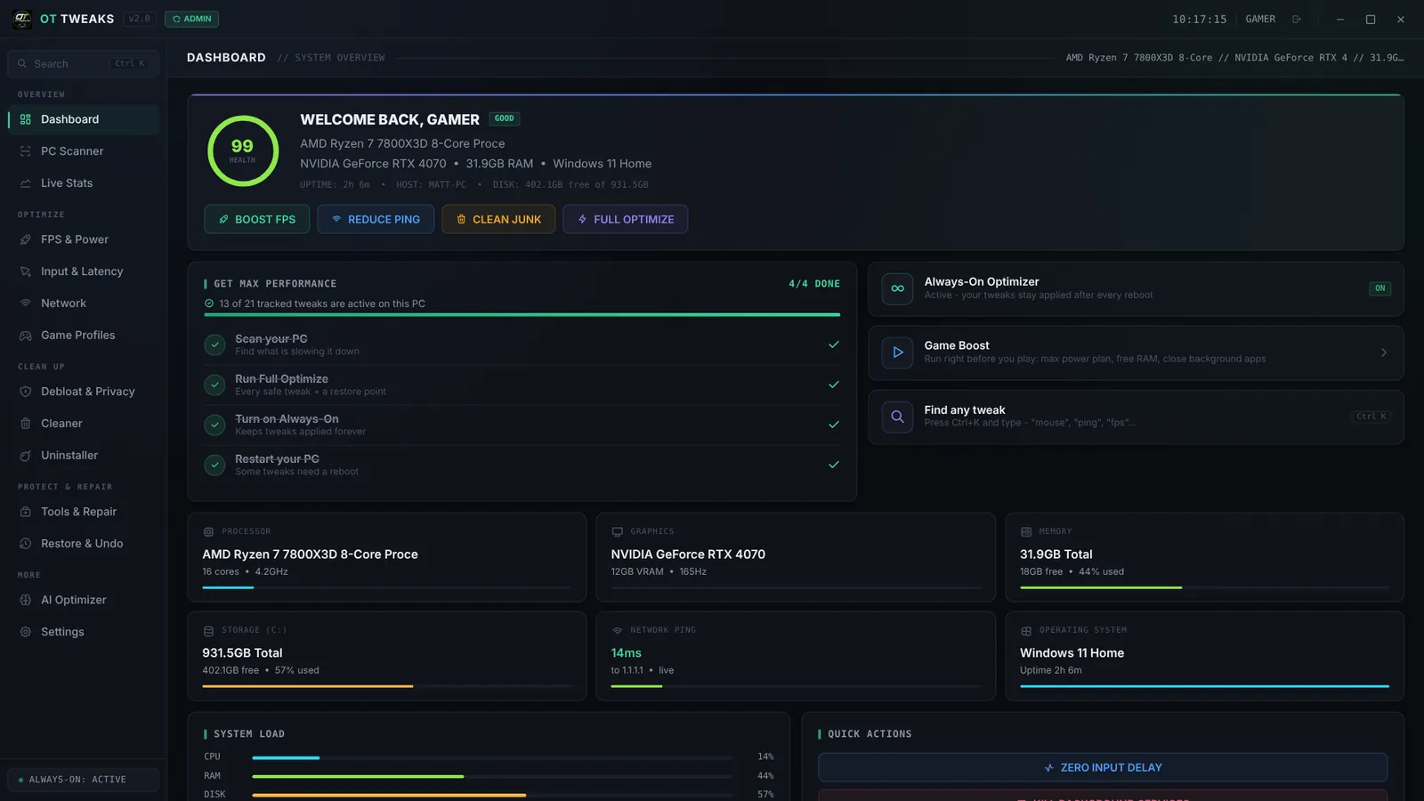 The OT Tweaks dashboard showing a setup checklist, Always-On status and hardware overview