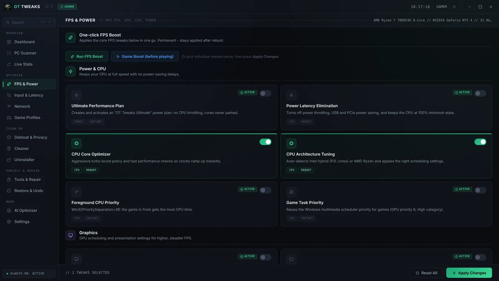 FPS and Power tab with active tweaks