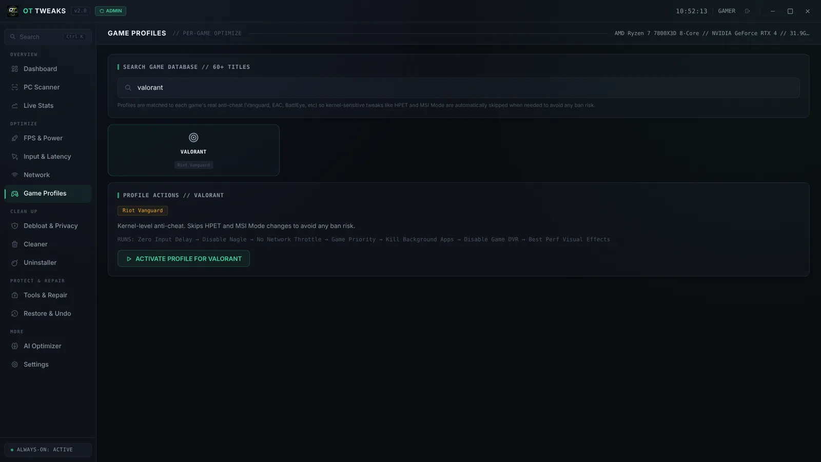 Game Profiles tab showing the Valorant profile matched to Riot Vanguard anti-cheat