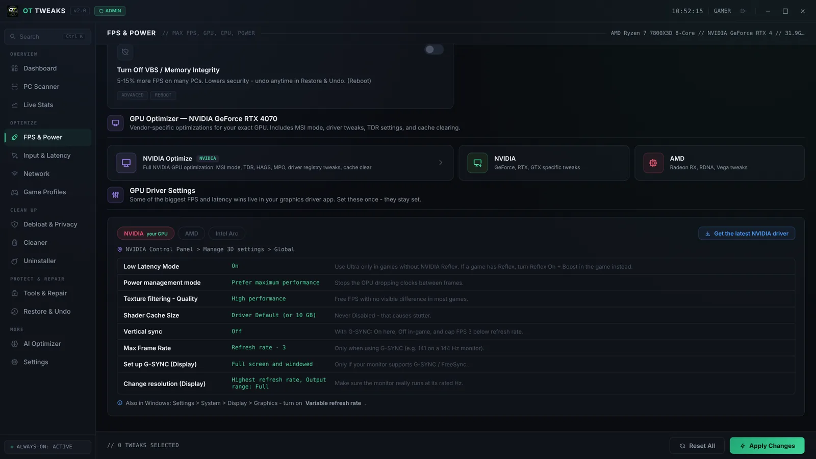 GPU optimizer for an NVIDIA GeForce RTX 4070 with recommended driver settings