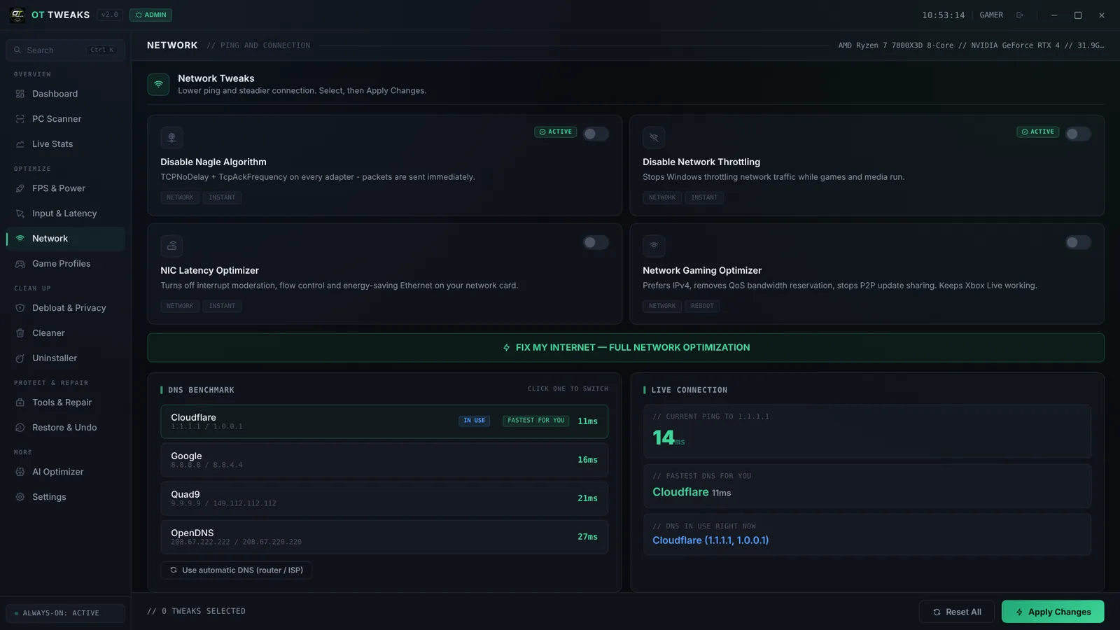 Network tab with a DNS benchmark
