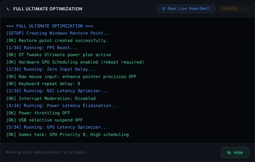 Full Optimize running, listing each tweak as it is applied