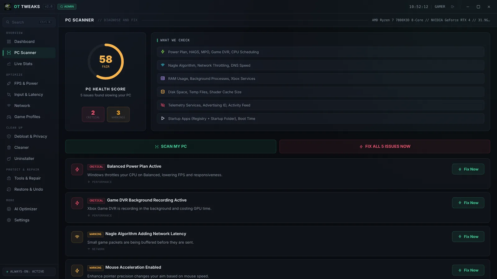 PC Scanner showing a health score and issues to fix