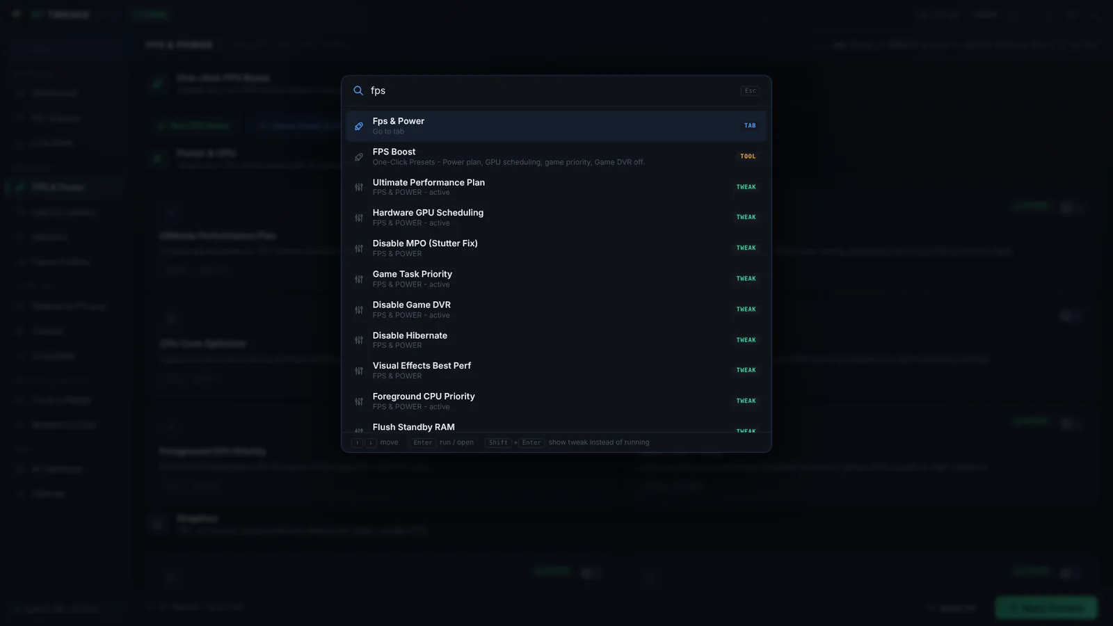 Quick search showing tweaks matching fps